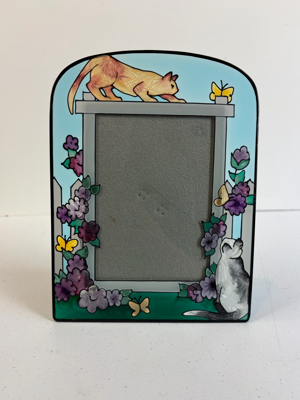 Vintage Stained Glass Cats Photo picture frame 1990s Cat Lady kitsch Cottagecore